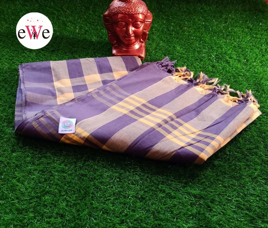 Purple Yellow Check Handloom Saree