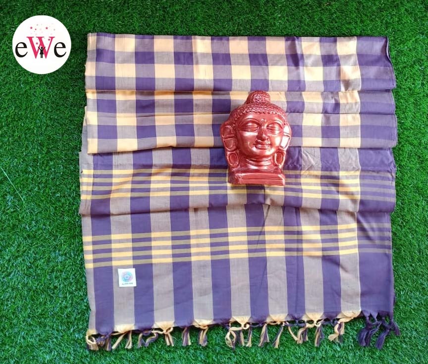 Purple Yellow Check Handloom Saree