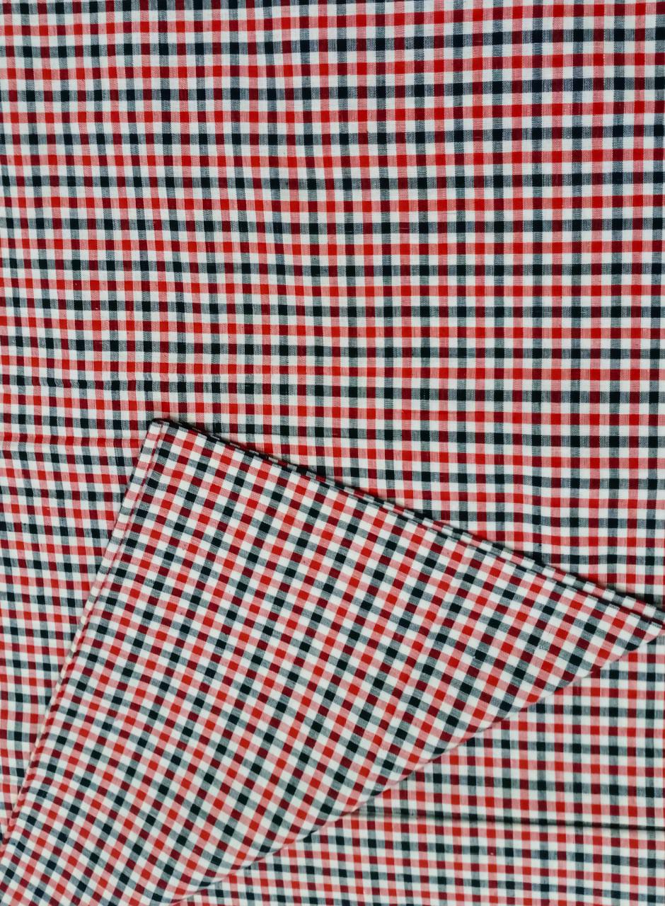 Red black &amp; white Handspun handwoven check fabric
