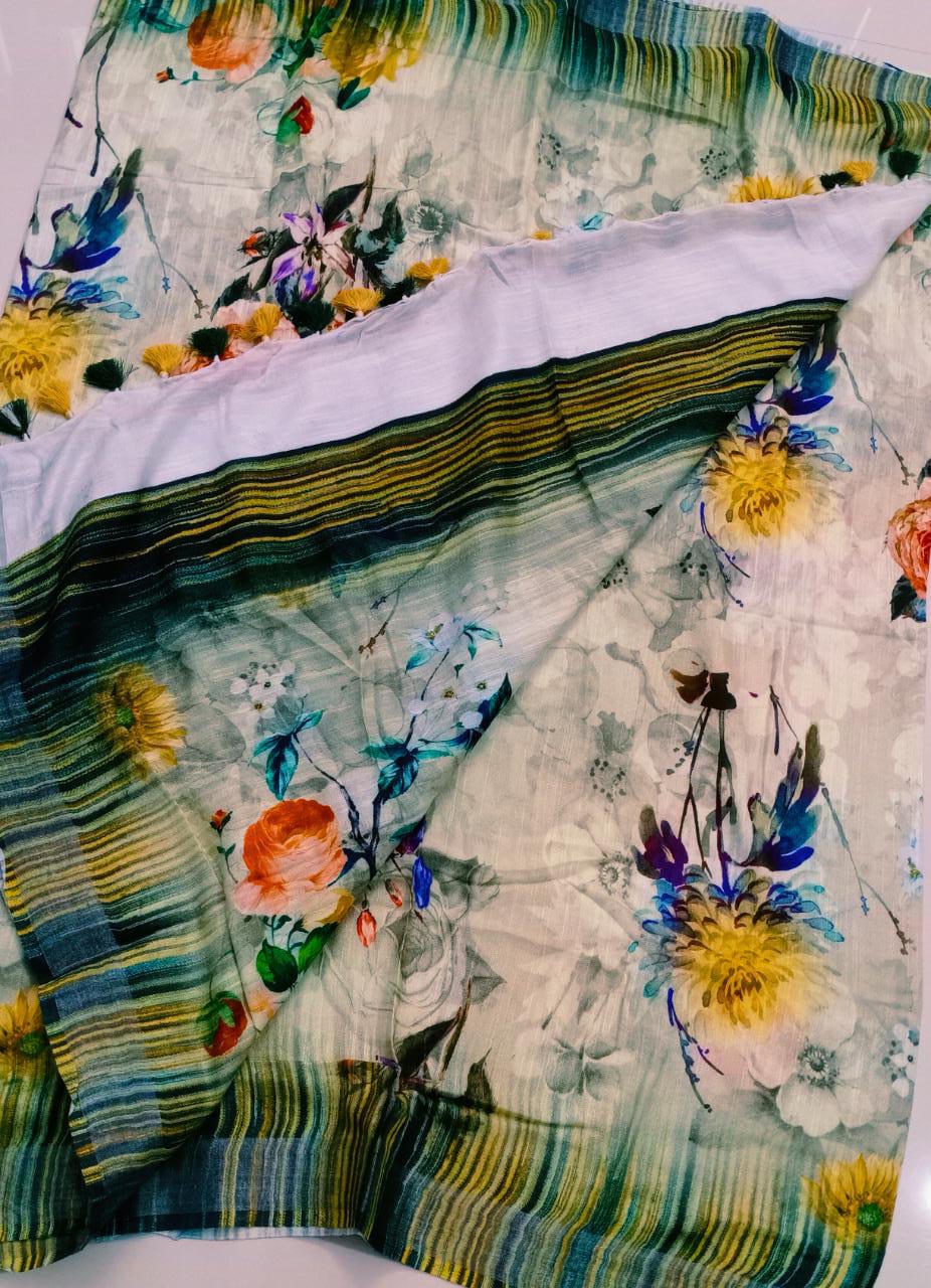 Elegant &amp; Pure Linen Cotton Digital Print Saree