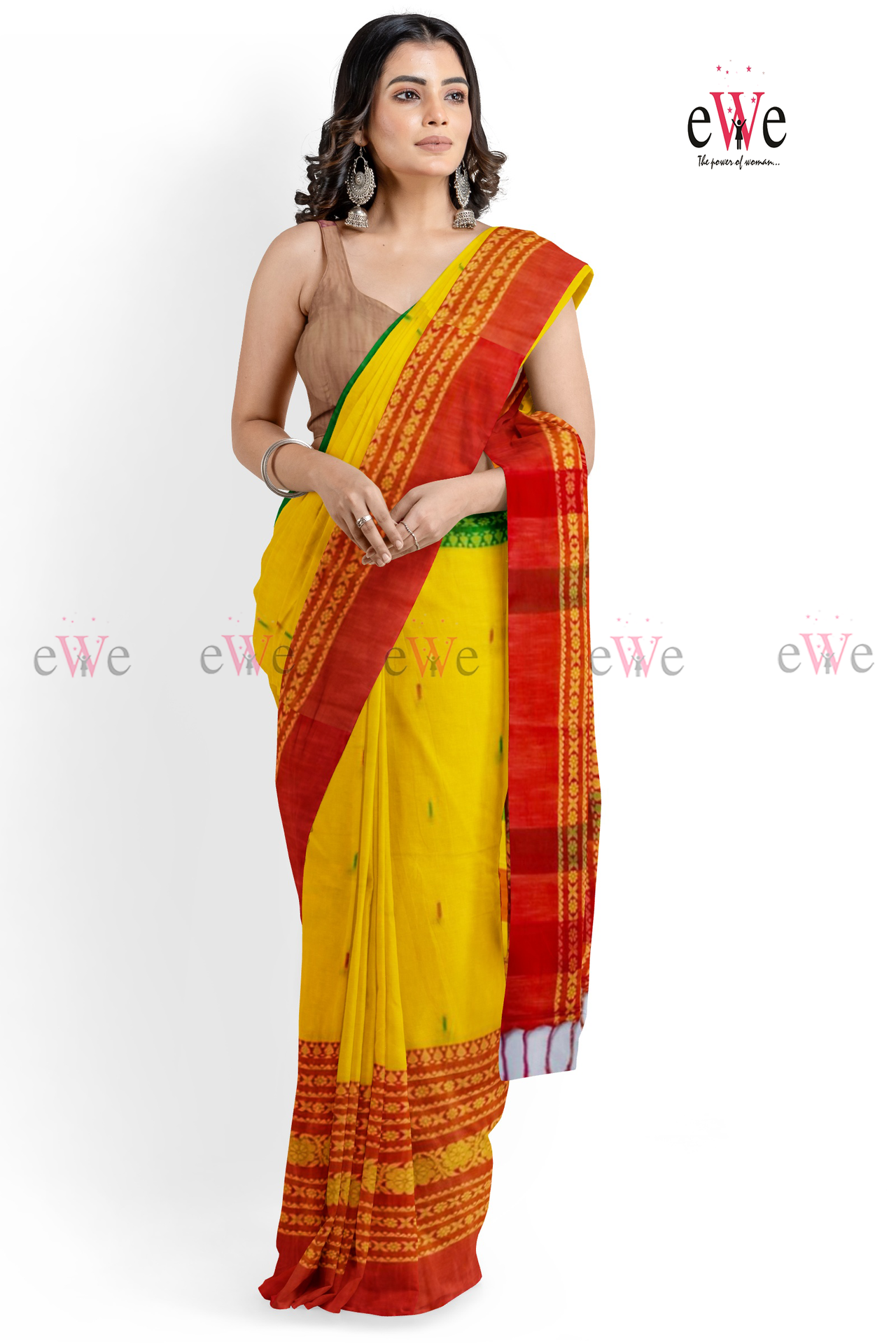 Yellow &amp; Red Handloom Cotton Saree with Begampuri Weave