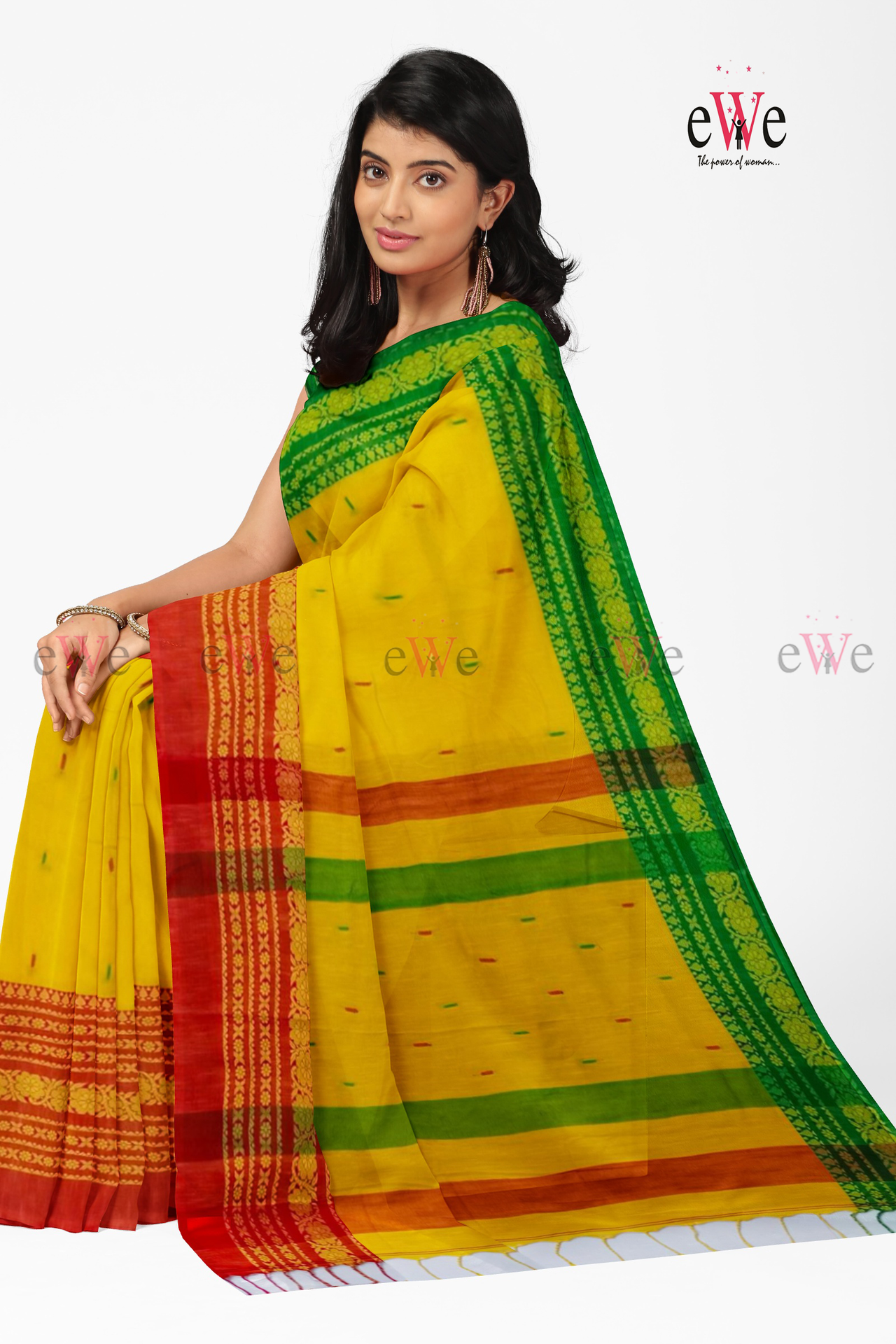 Yellow &amp; Red Handloom Cotton Saree with Begampuri Weave