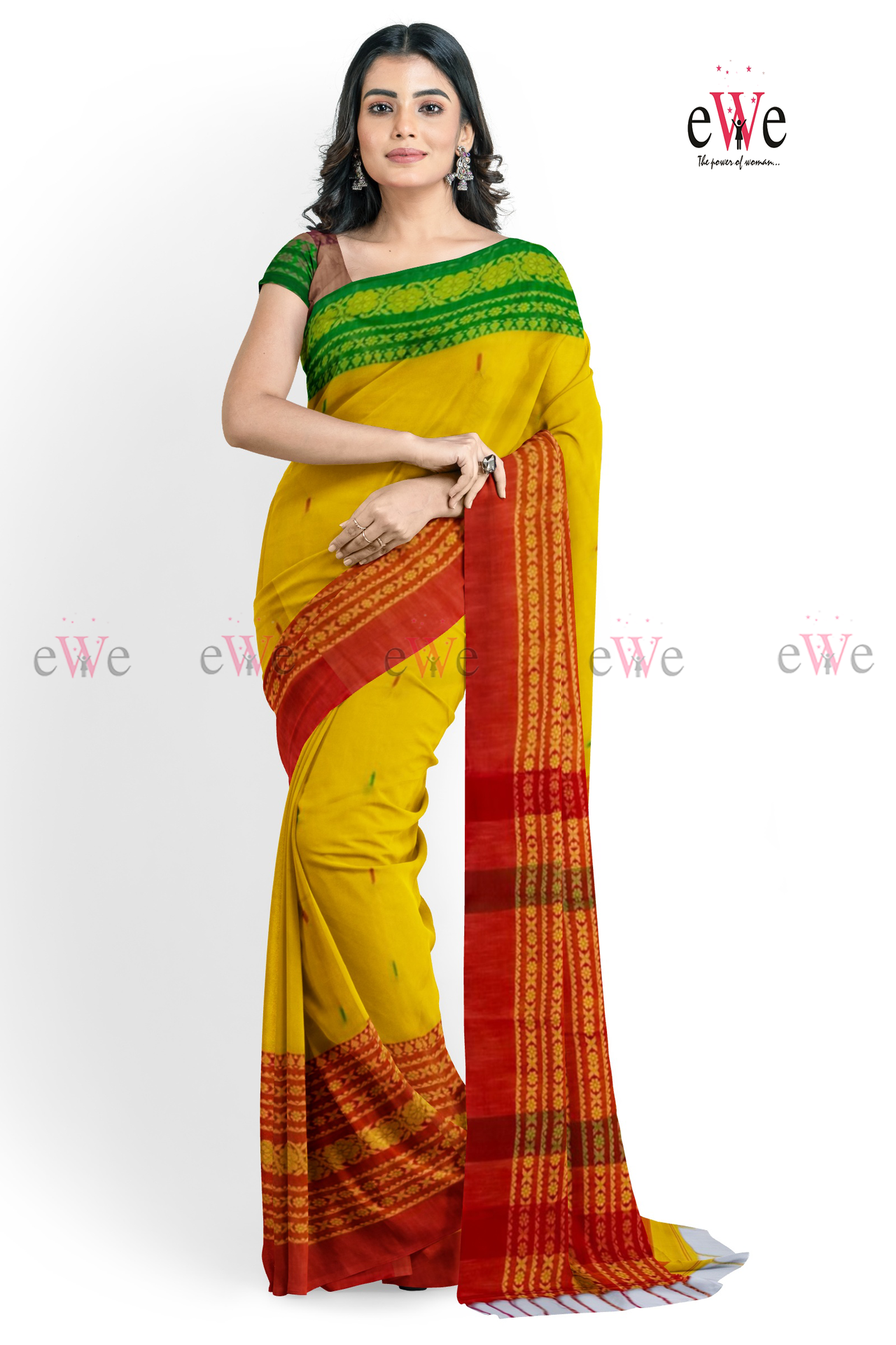 Yellow &amp; Red Handloom Cotton Saree with Begampuri Weave