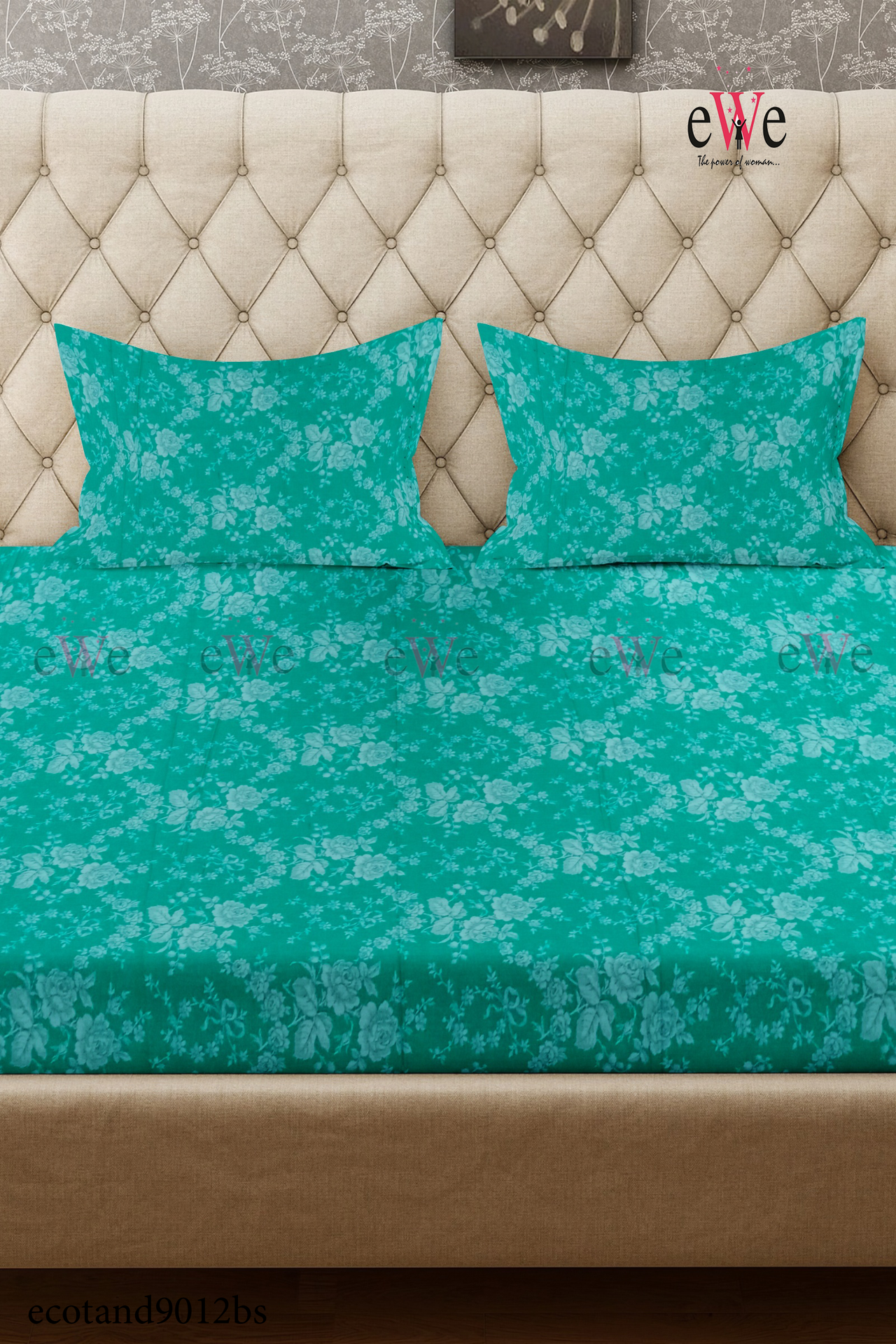 Turquoise Green Flower Design Handloom Jacquard Bedsheet with Two Pillow covers.