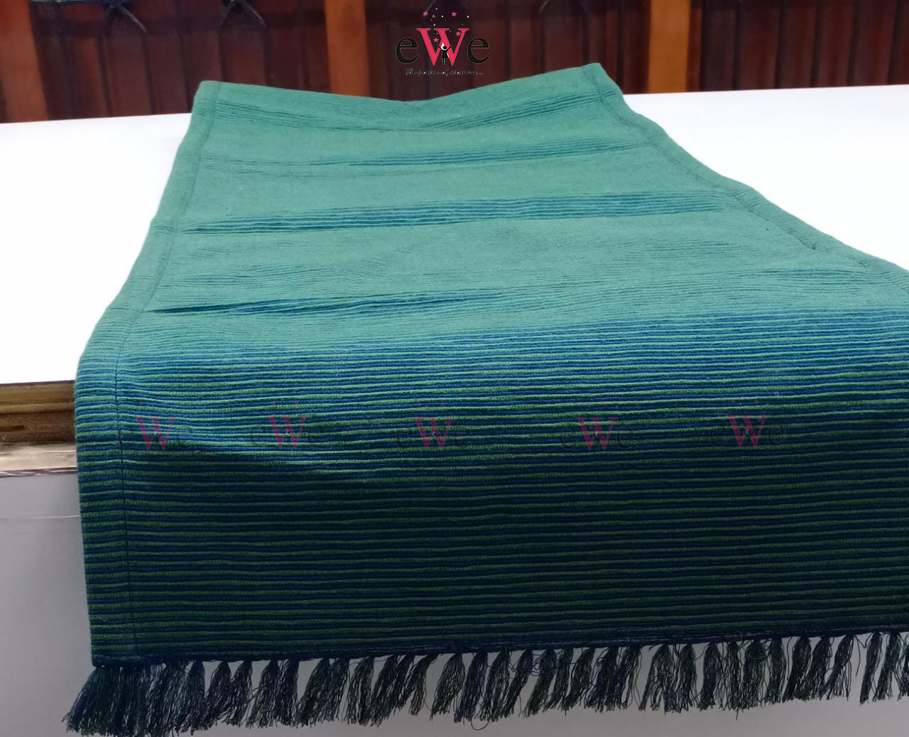 Green &amp; Blue Striped Woven Table Runner