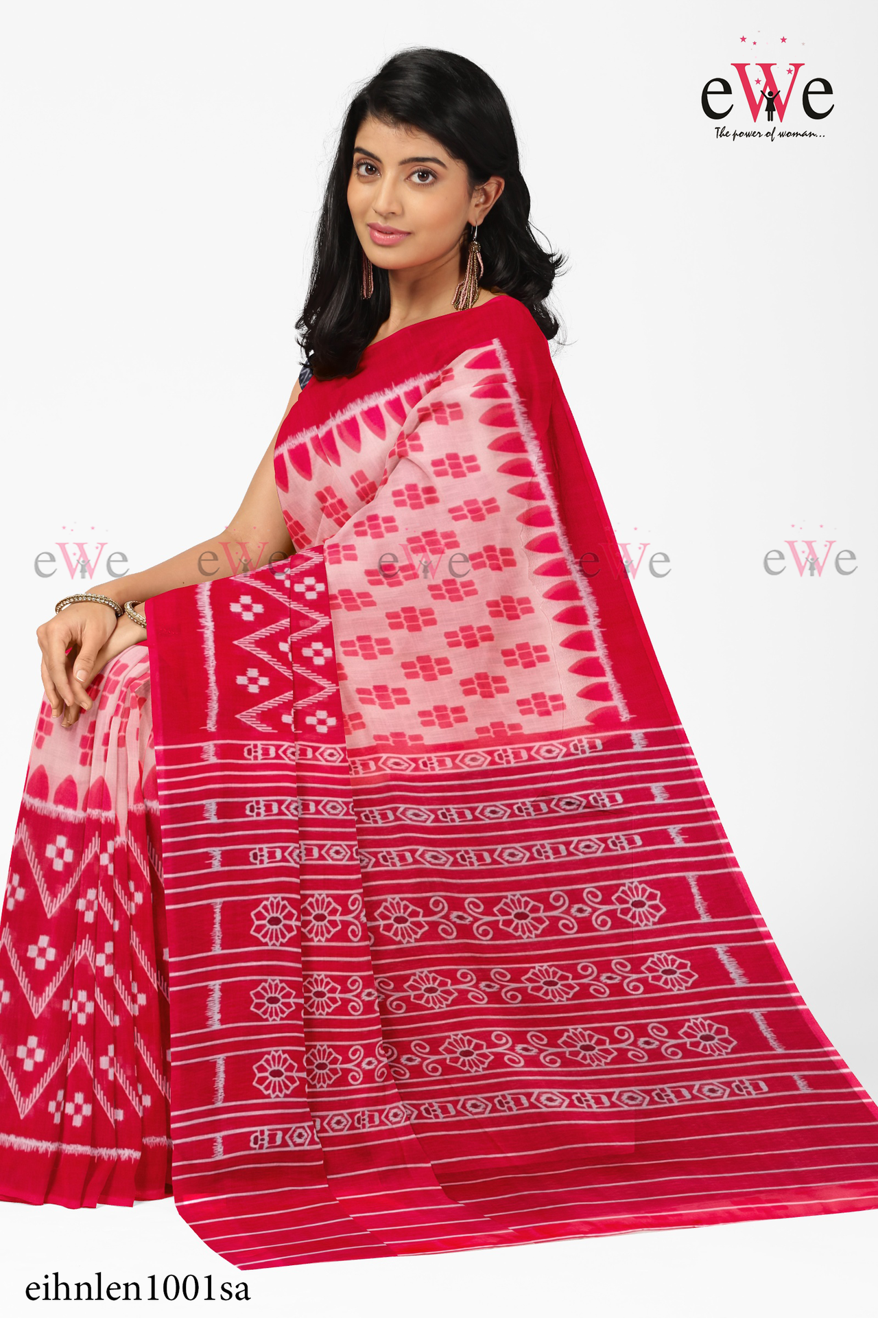 Red &amp; Black Handloom  Linen cotton saree with ikkat design