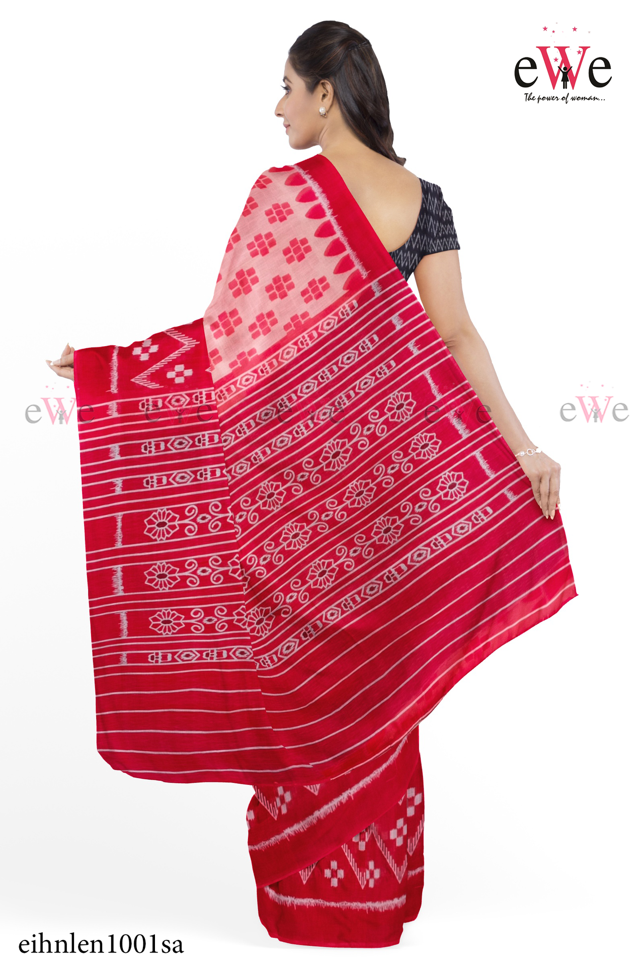Red &amp; Black Handloom  Linen cotton saree with ikkat design
