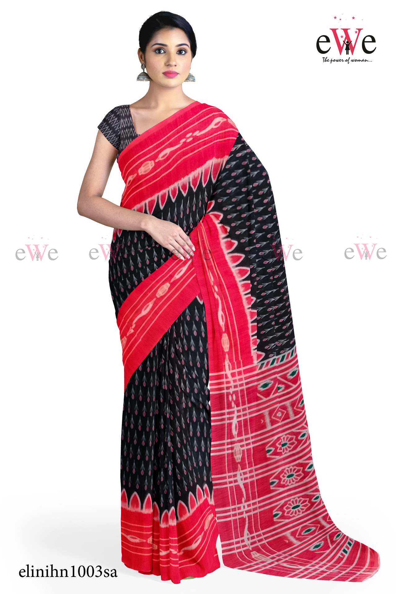 Black &amp; Red Handloom Linen saree with ikkat design