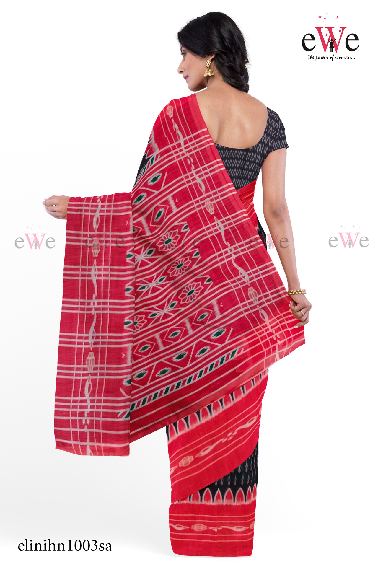 Black &amp; Red Handloom Linen saree with ikkat design