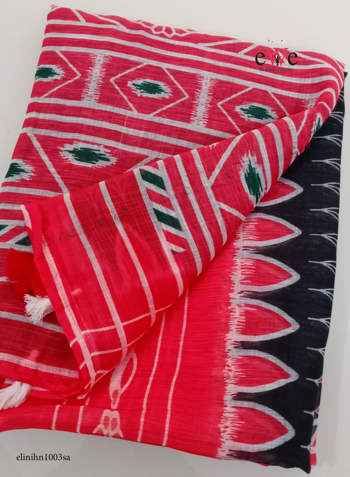 Black &amp; Red Handloom Linen saree with ikkat design