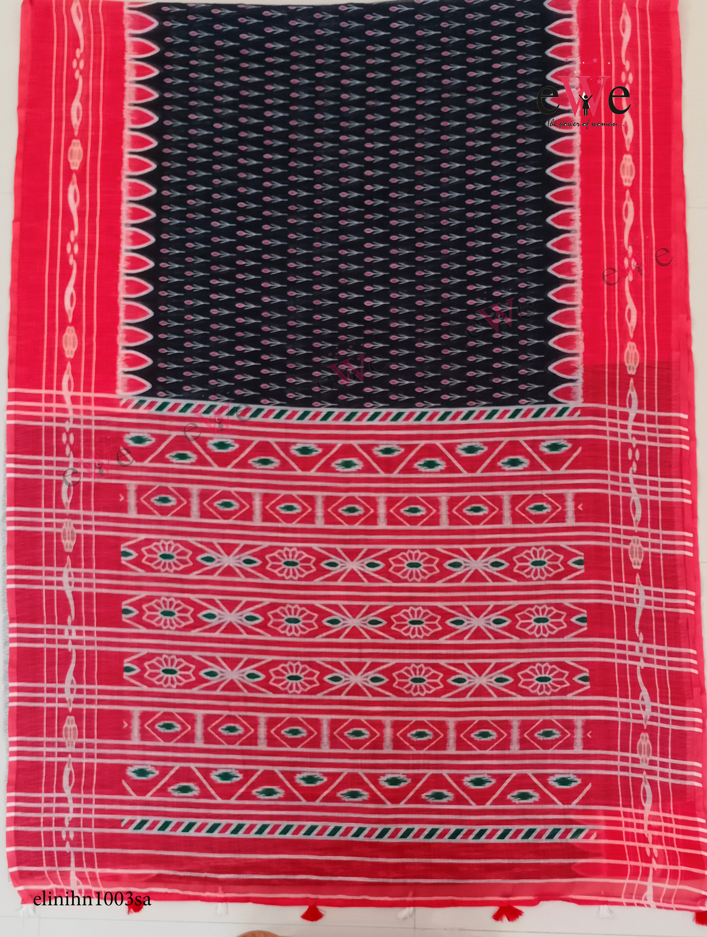 Black &amp; Red Handloom Linen saree with ikkat design