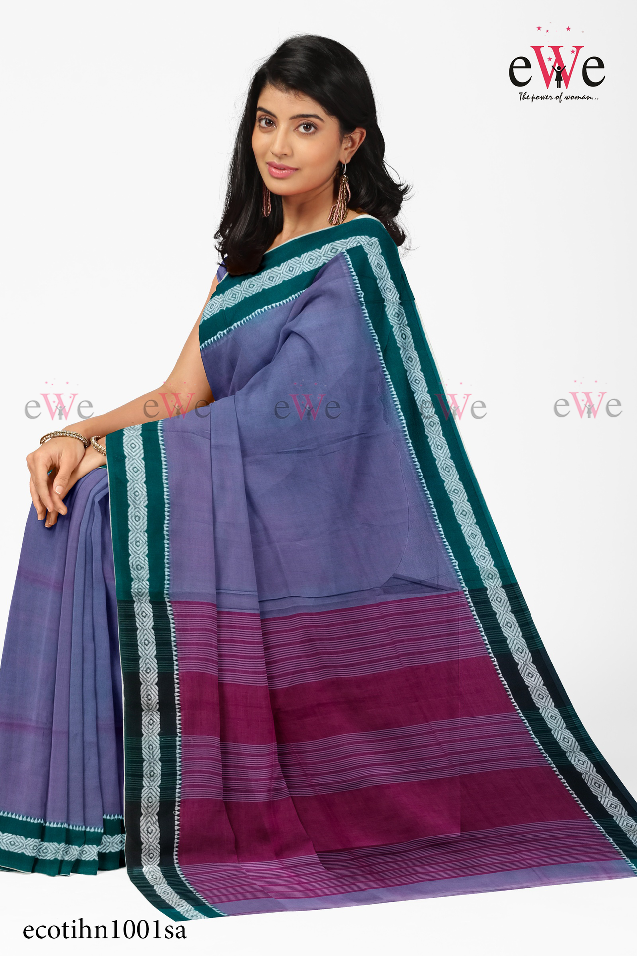 Blue &amp; Green Handloom cotton saree with Designer Border.