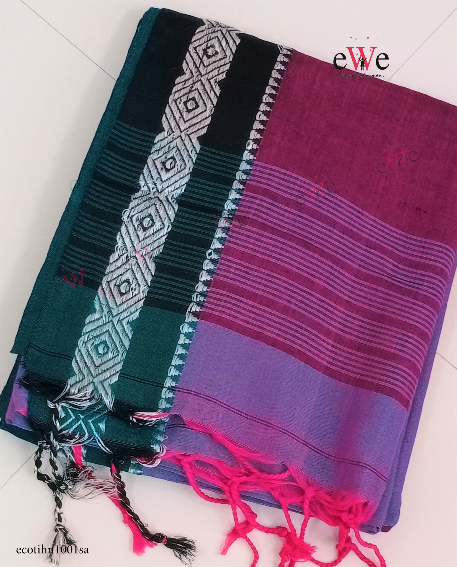 Blue &amp; Green Handloom cotton saree with Designer Border.