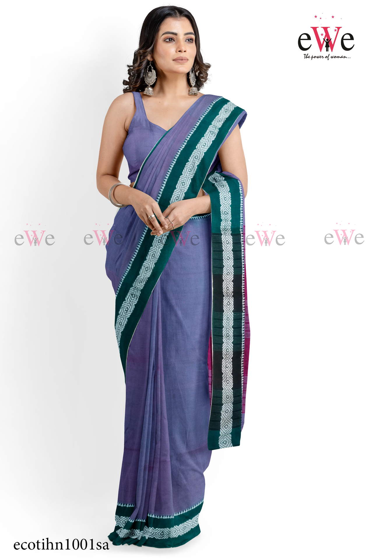 Blue &amp; Green Handloom cotton saree with Designer Border.