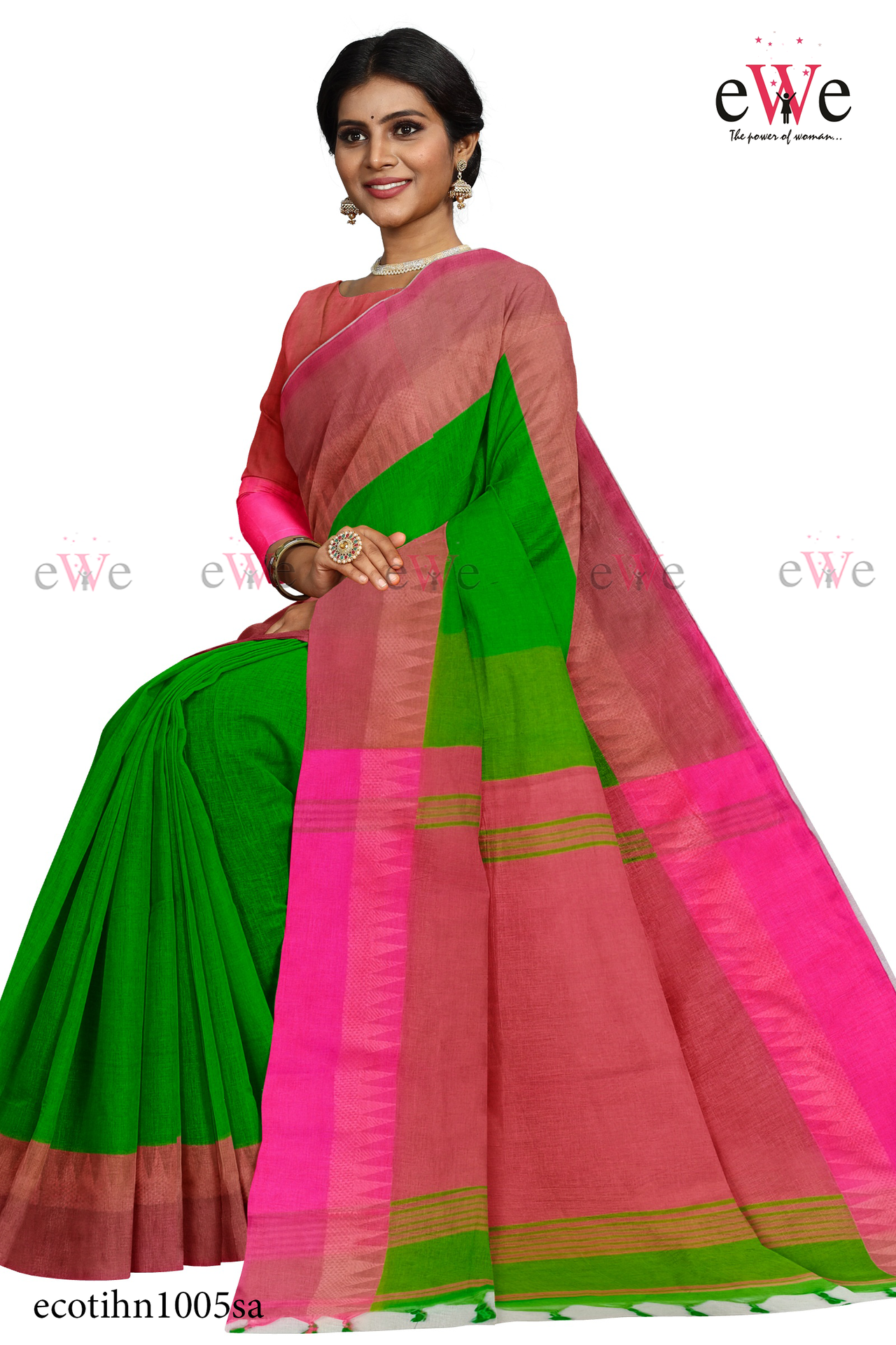 Green &amp; Pink Handloom Cotton Saree with Designer Temple Border