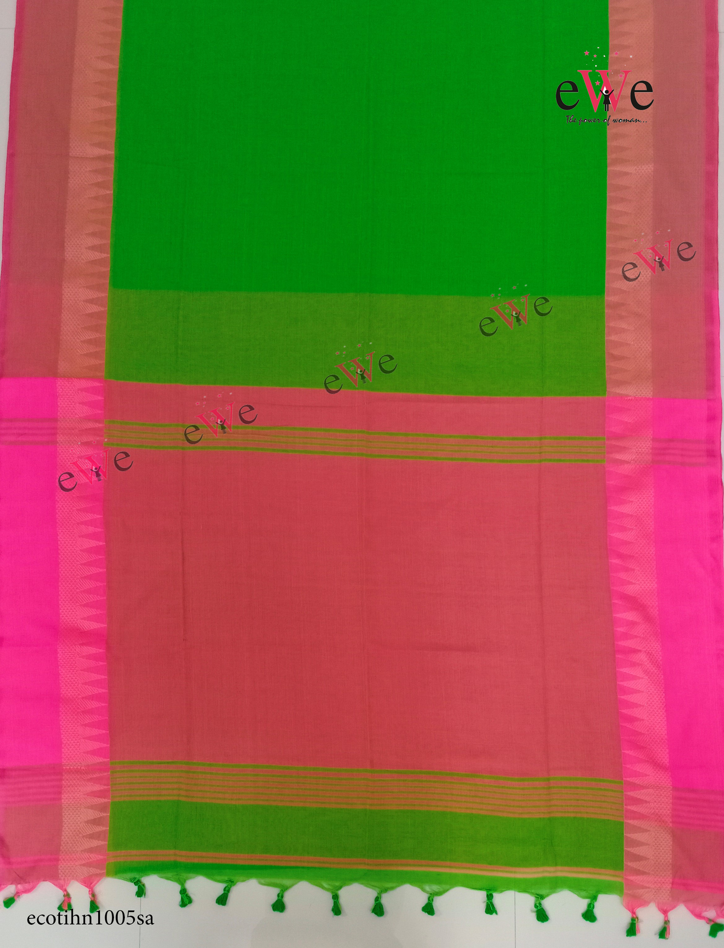 Green &amp; Pink Handloom Cotton Saree with Designer Temple Border