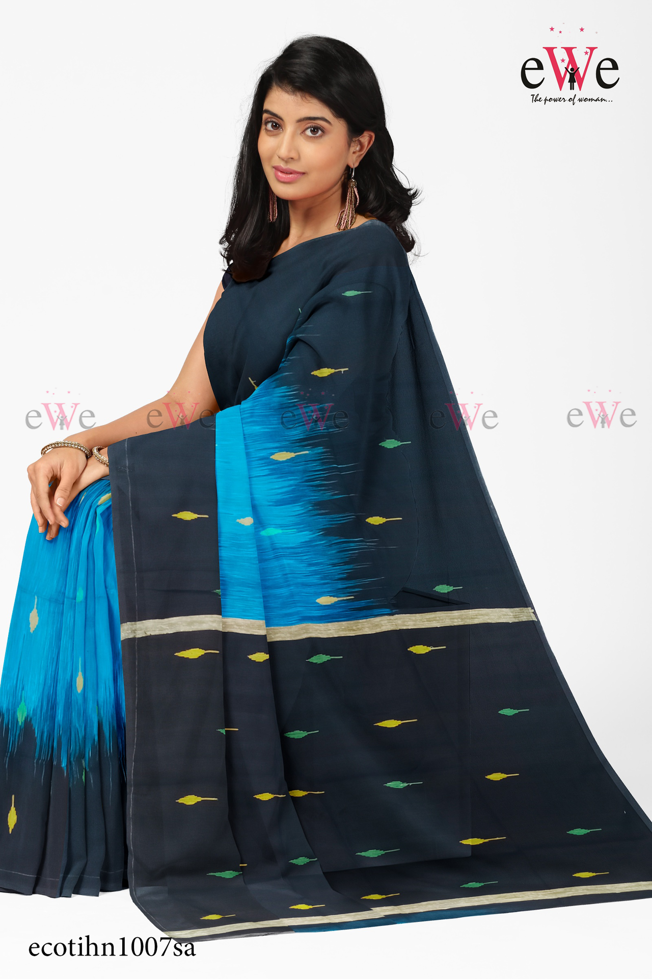 Blue &amp; Black Handloom Cotton Silk saree with Ikkat Buti Work