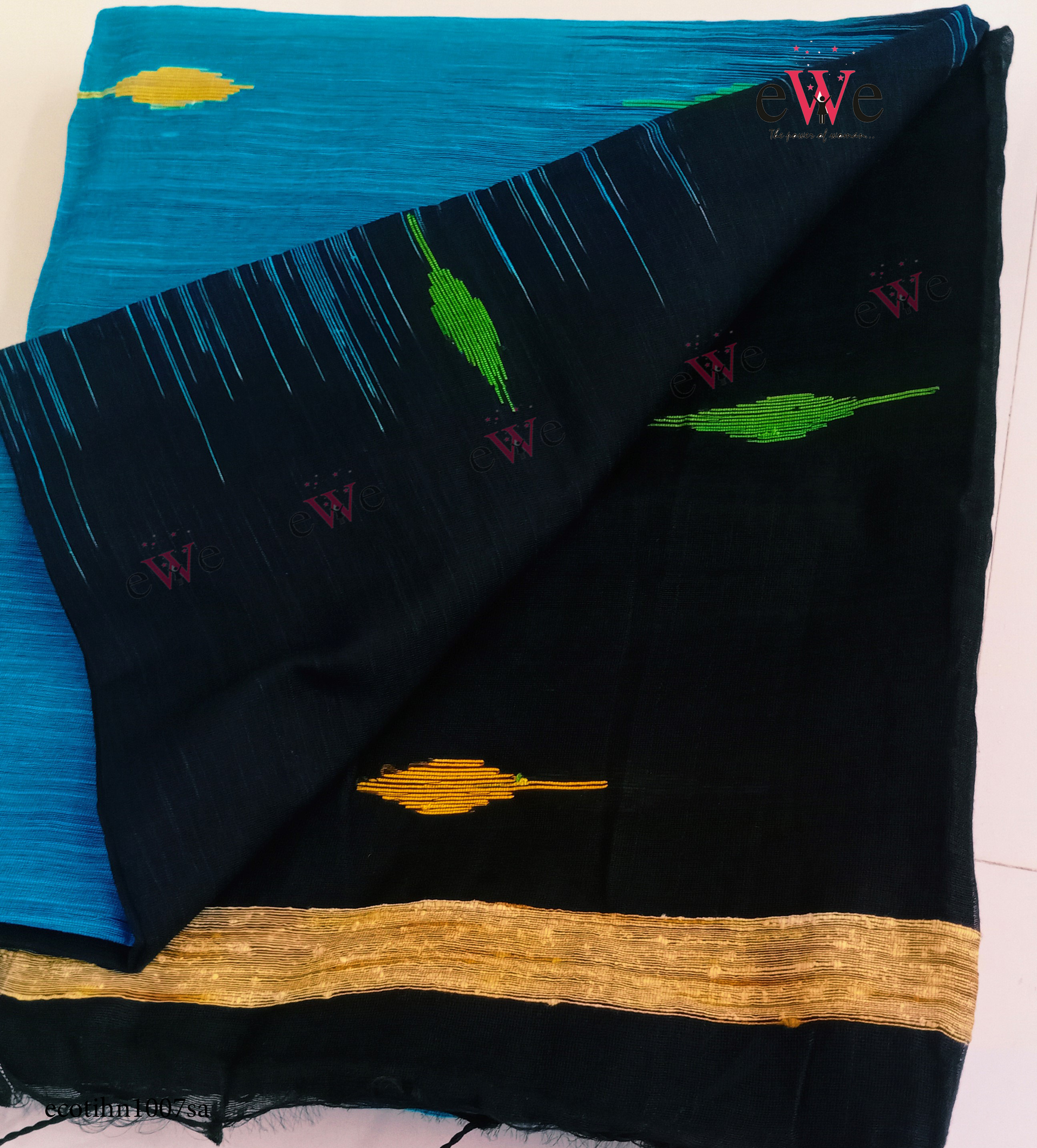 Blue &amp; Black Handloom Cotton Silk saree with Ikkat Buti Work