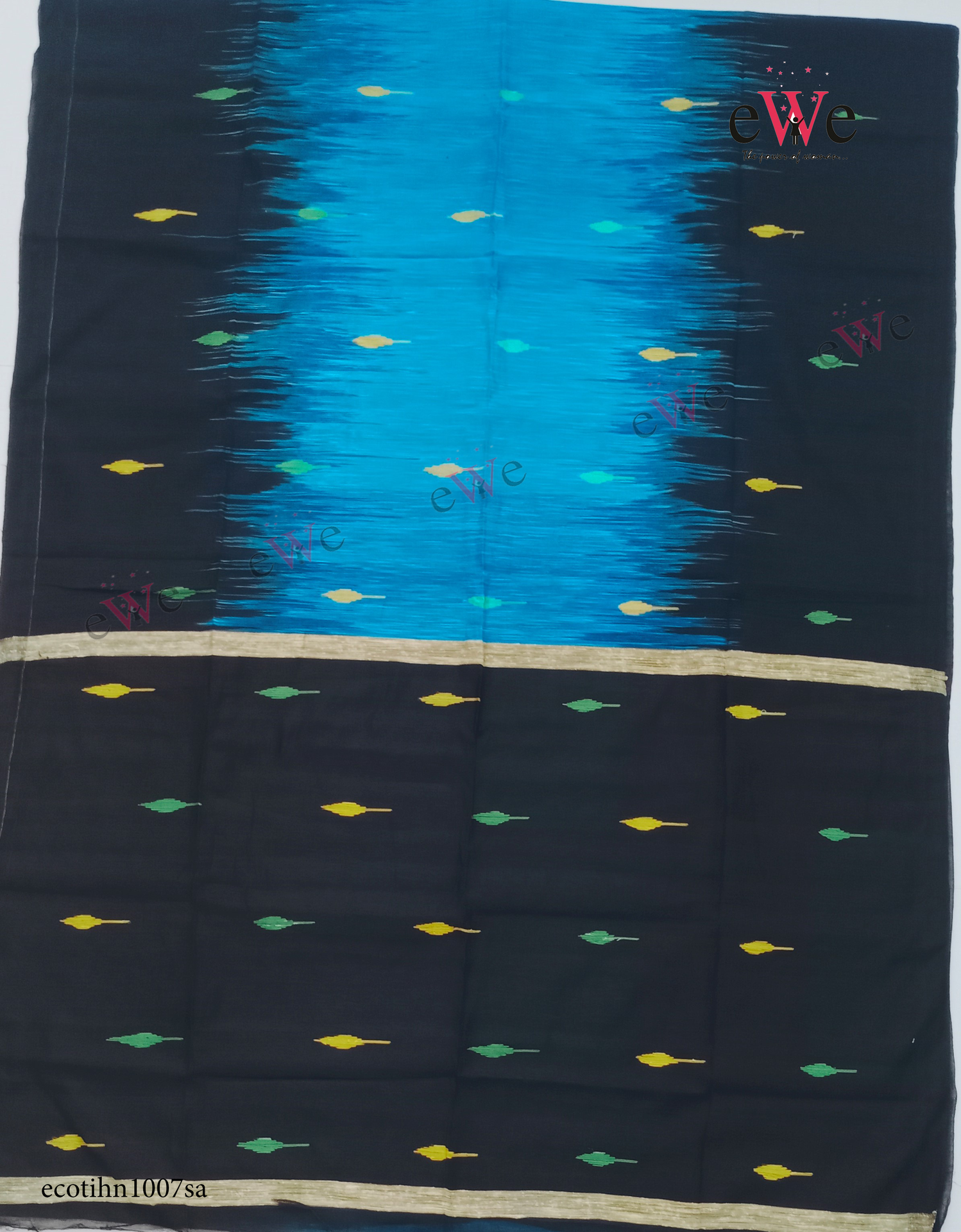 Blue &amp; Black Handloom Cotton Silk saree with Ikkat Buti Work