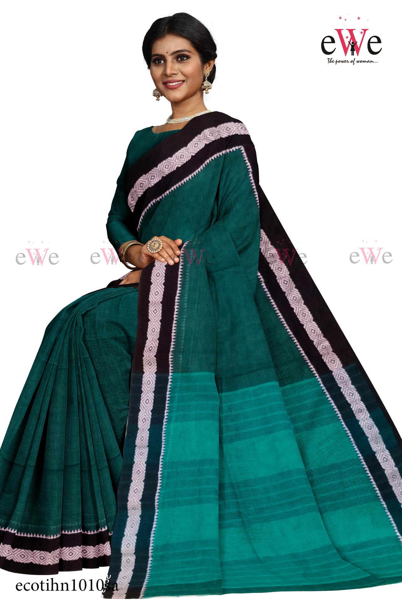 Green &amp; Black Handloom cotton saree with Designer Border
