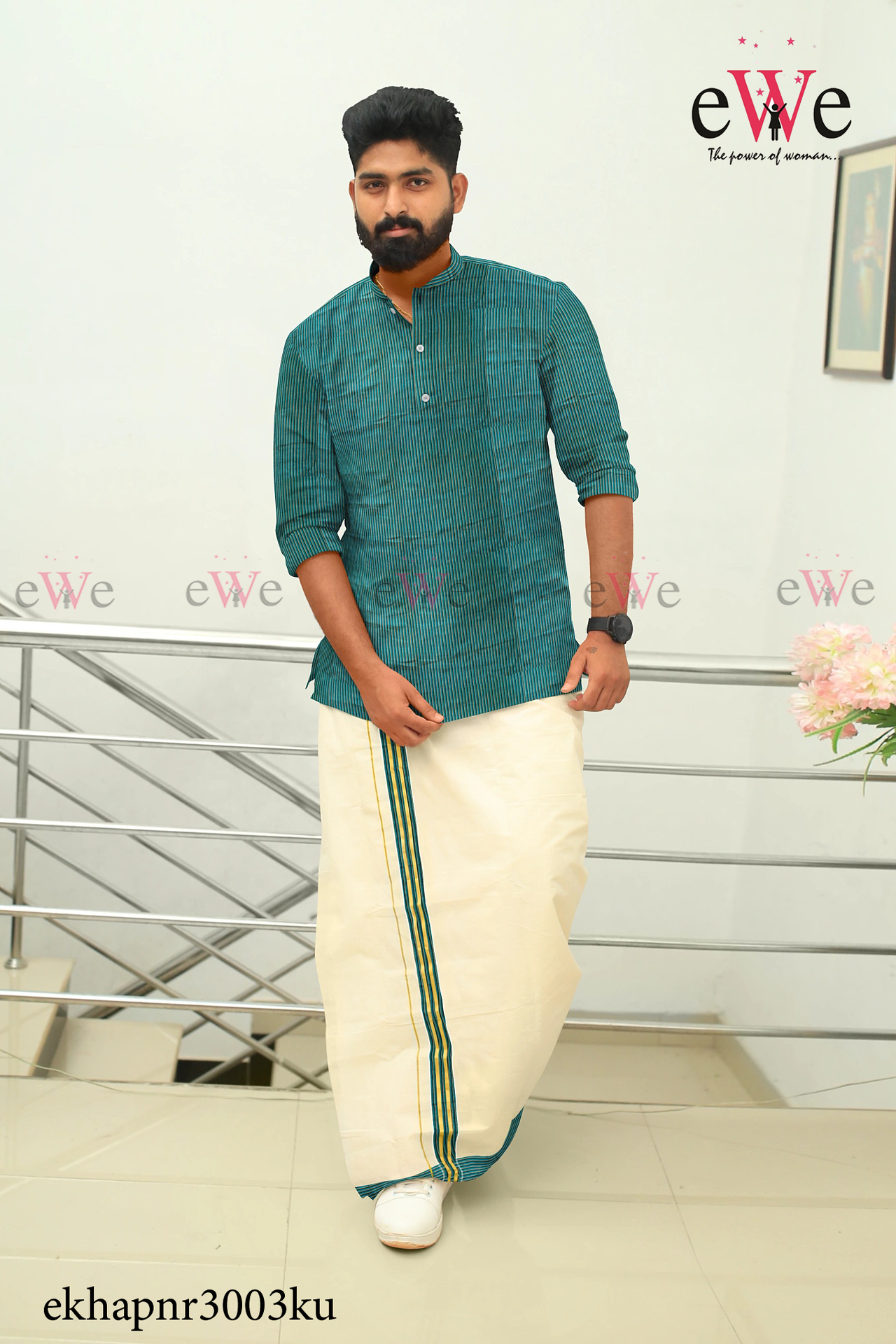 Green Striped Khadi Gent's Short Kurta