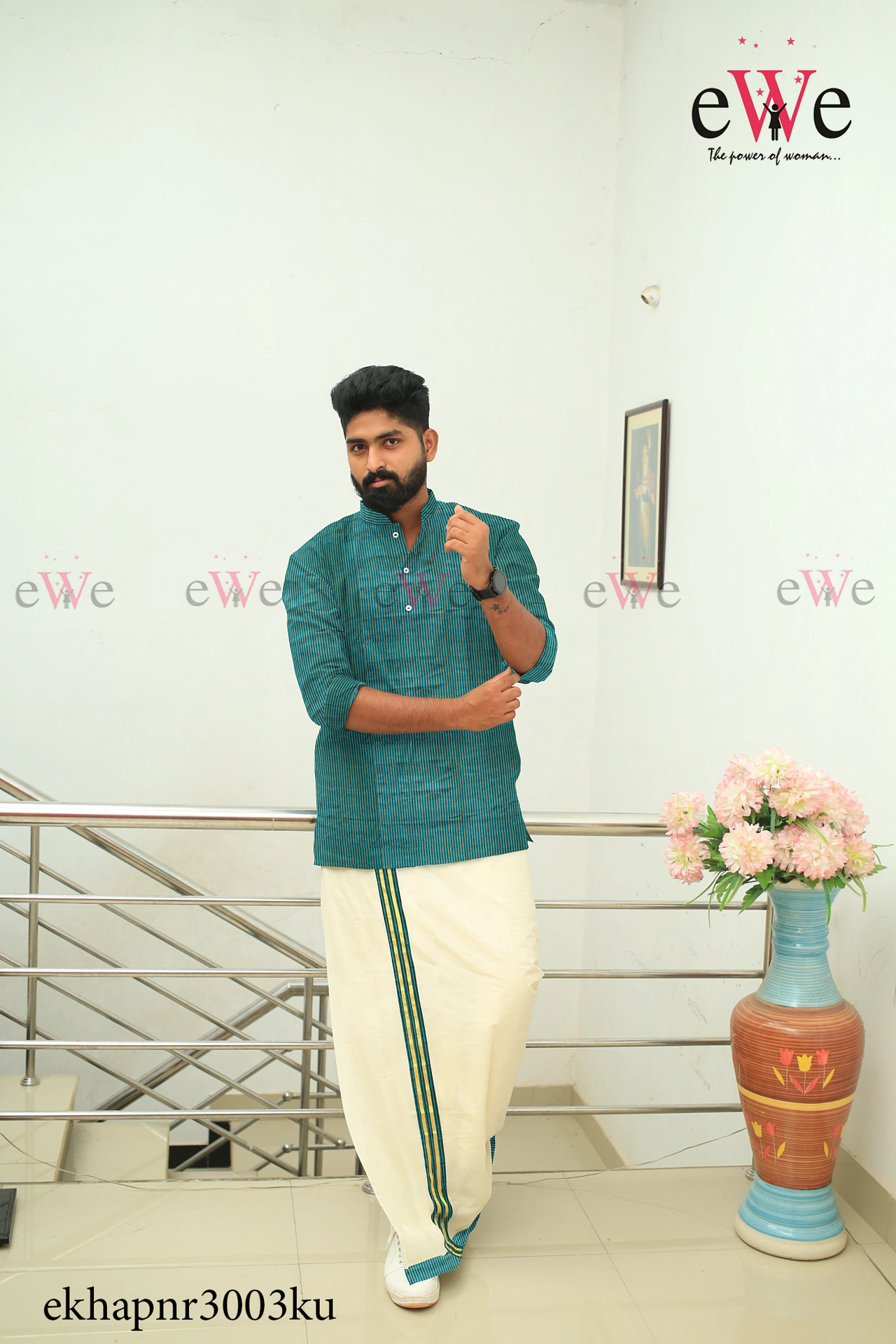 Green Striped Khadi Gent's Short Kurta