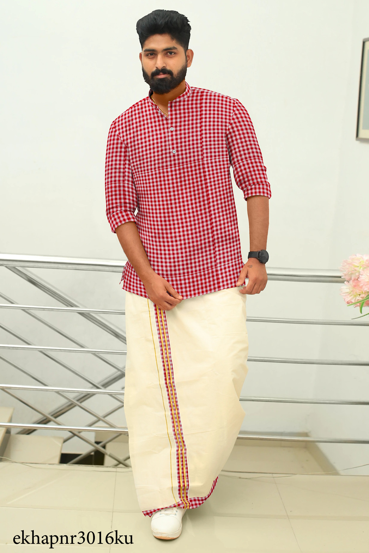 Red Check Khadi Gent's Short Kurta
