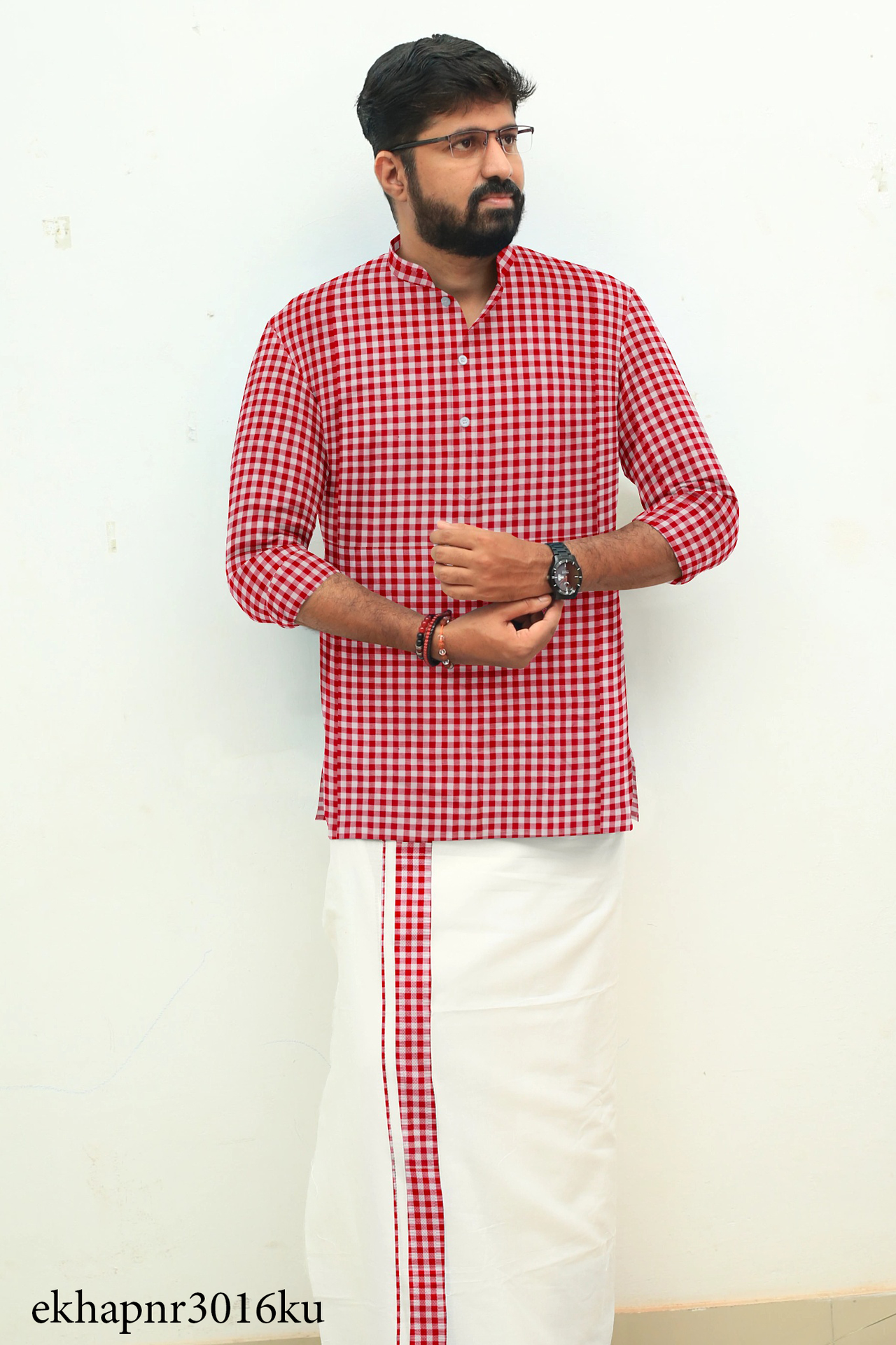 Red Check Khadi Gent's Short Kurta