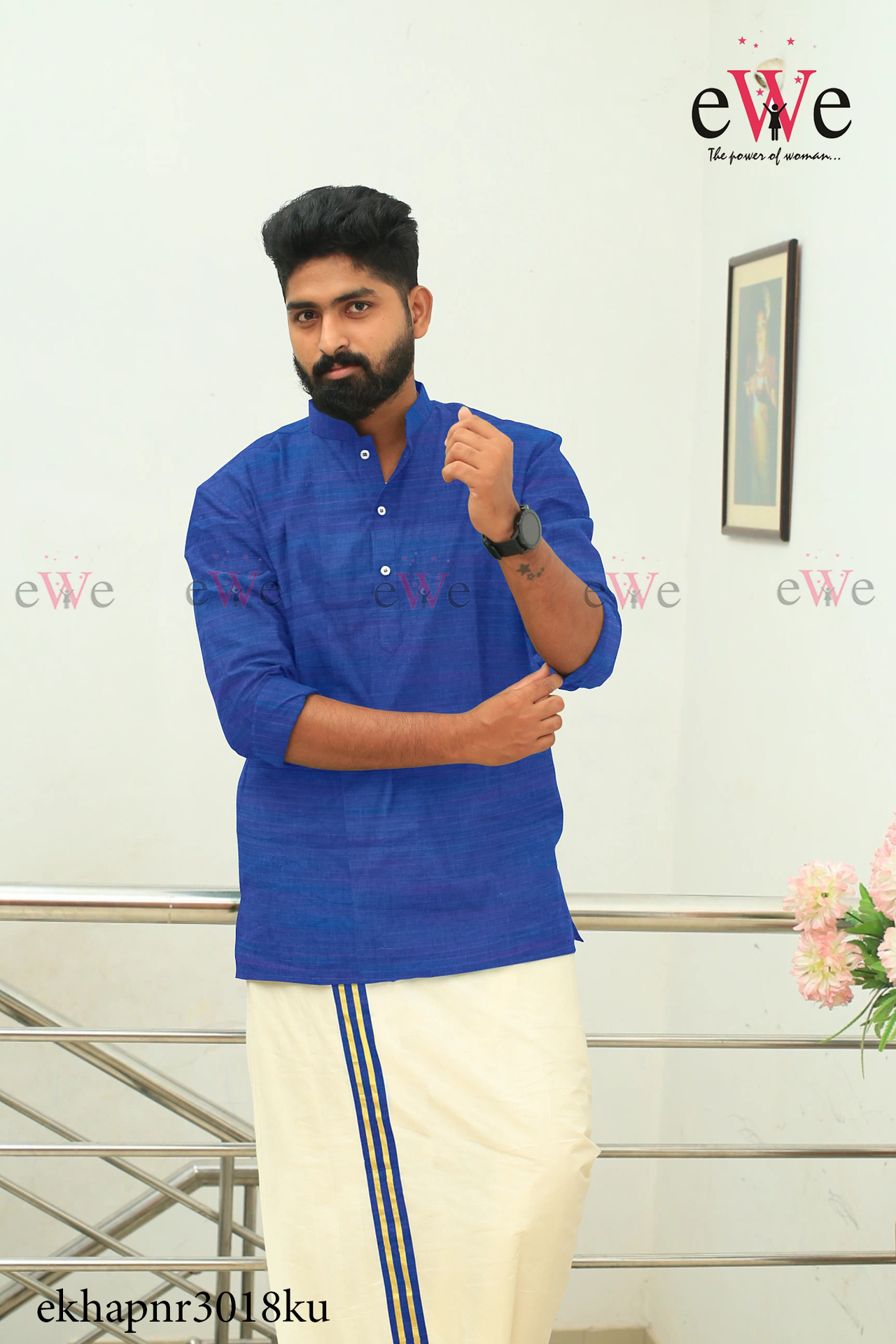 Royal Blue Striped Khadi Gent's Short Kurta