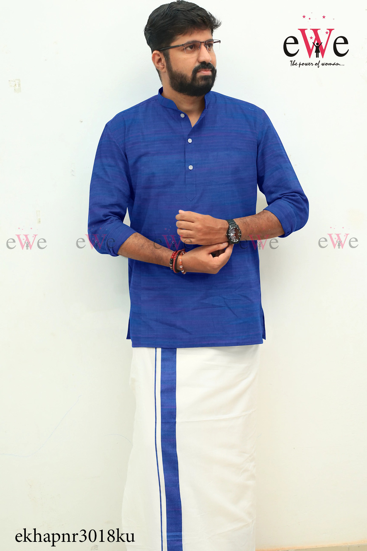 Royal Blue Striped Khadi Gent's Short Kurta