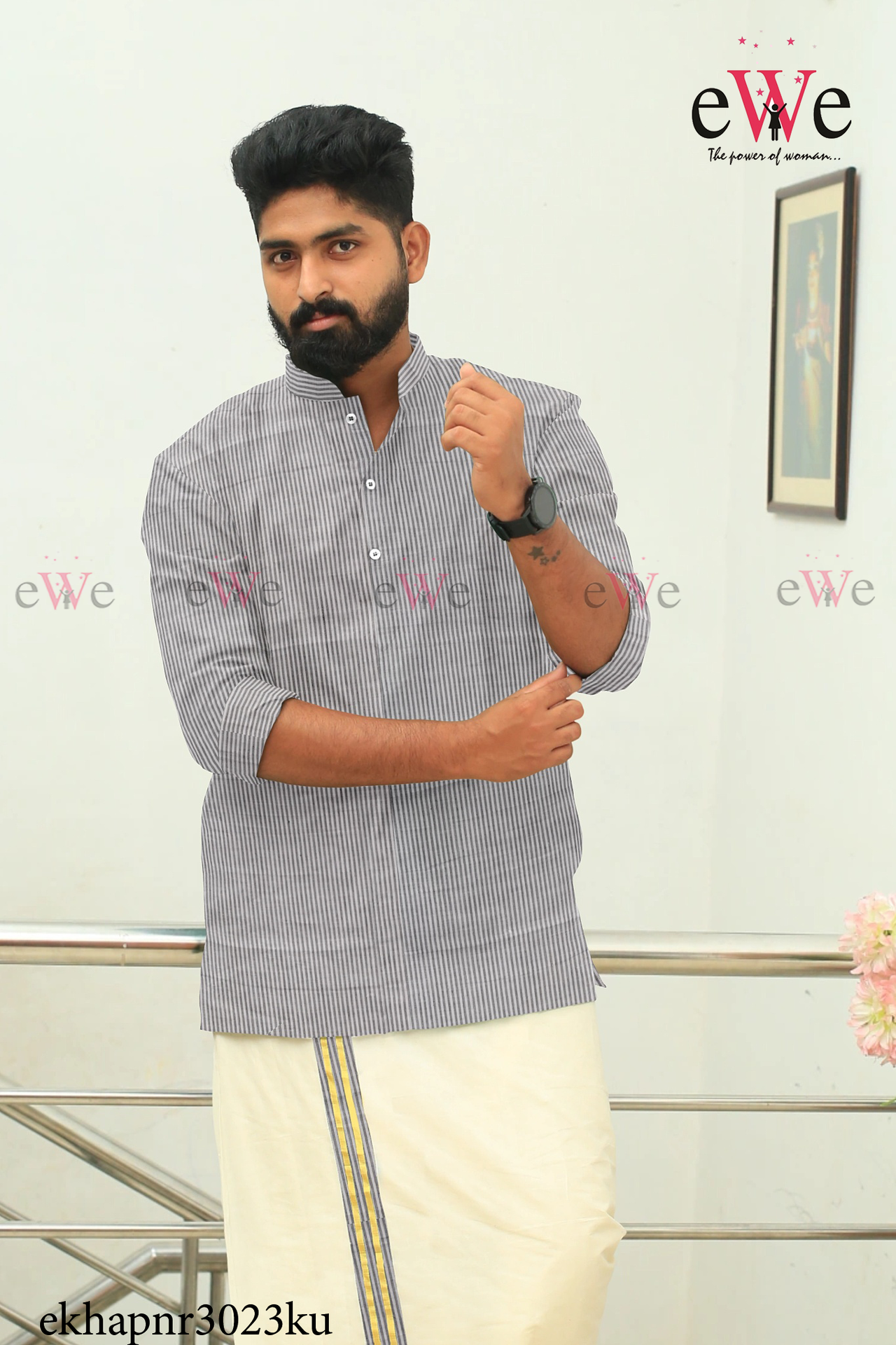 White Striped Khadi Gent's Short Kurta