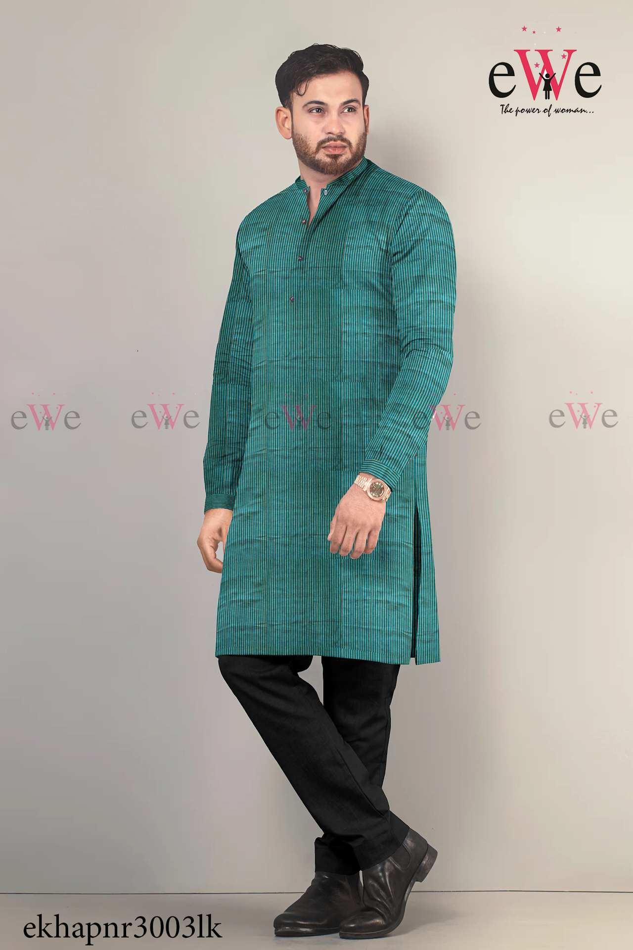 Green Striped Khadi Gent's Long Kurta