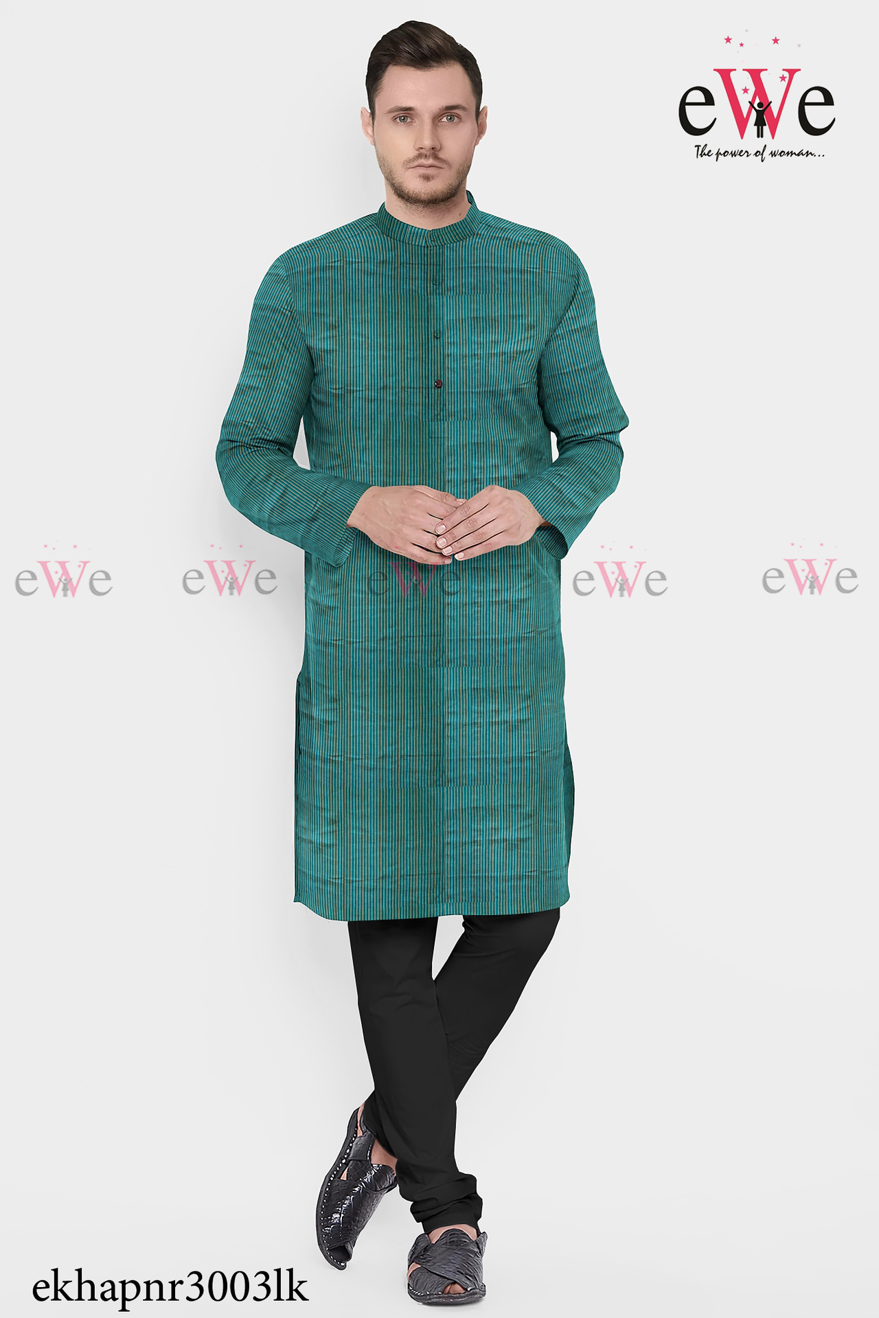 Green Striped Khadi Gent's Long Kurta