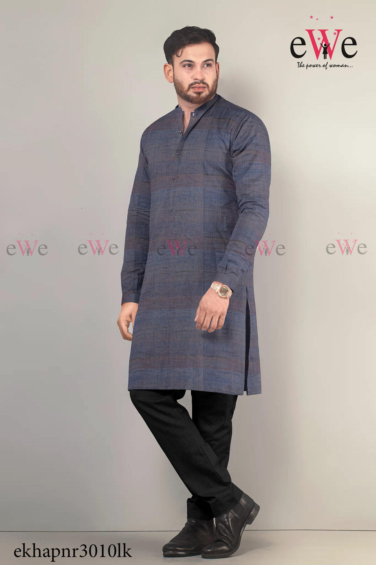 Dark Blue &amp; Yellow Khadi Gent's Long Kurta