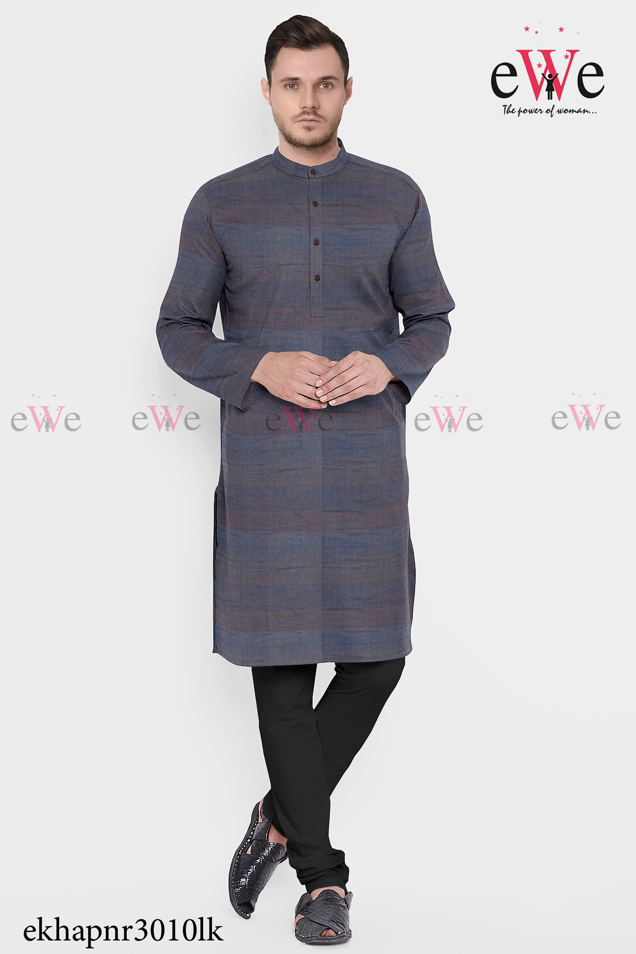 Dark Blue &amp; Yellow Khadi Gent's Long Kurta