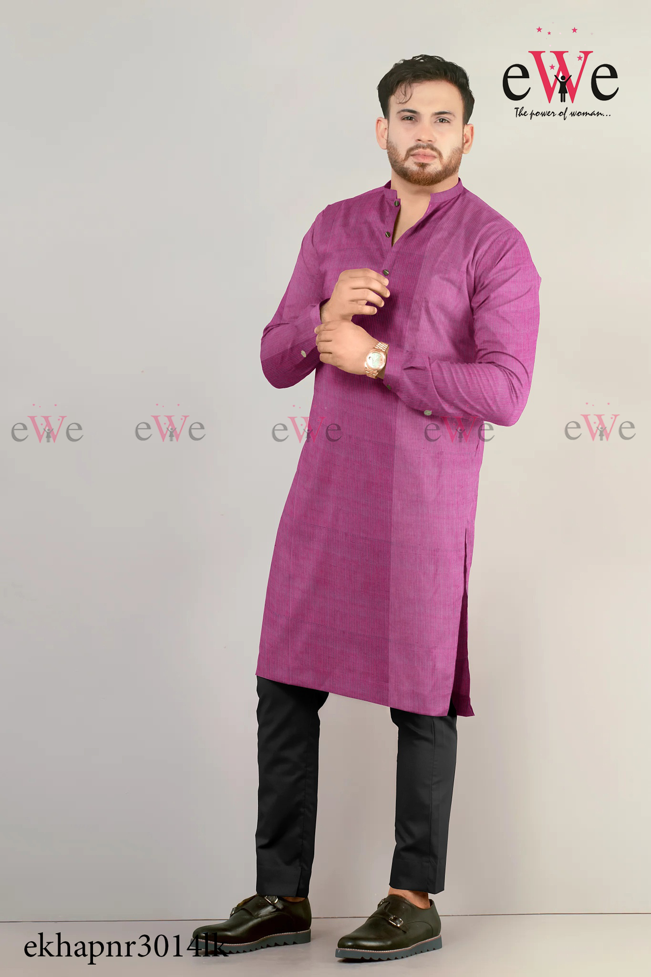 Pink &amp; Blue Striped Khadi Gent's Long Kurta