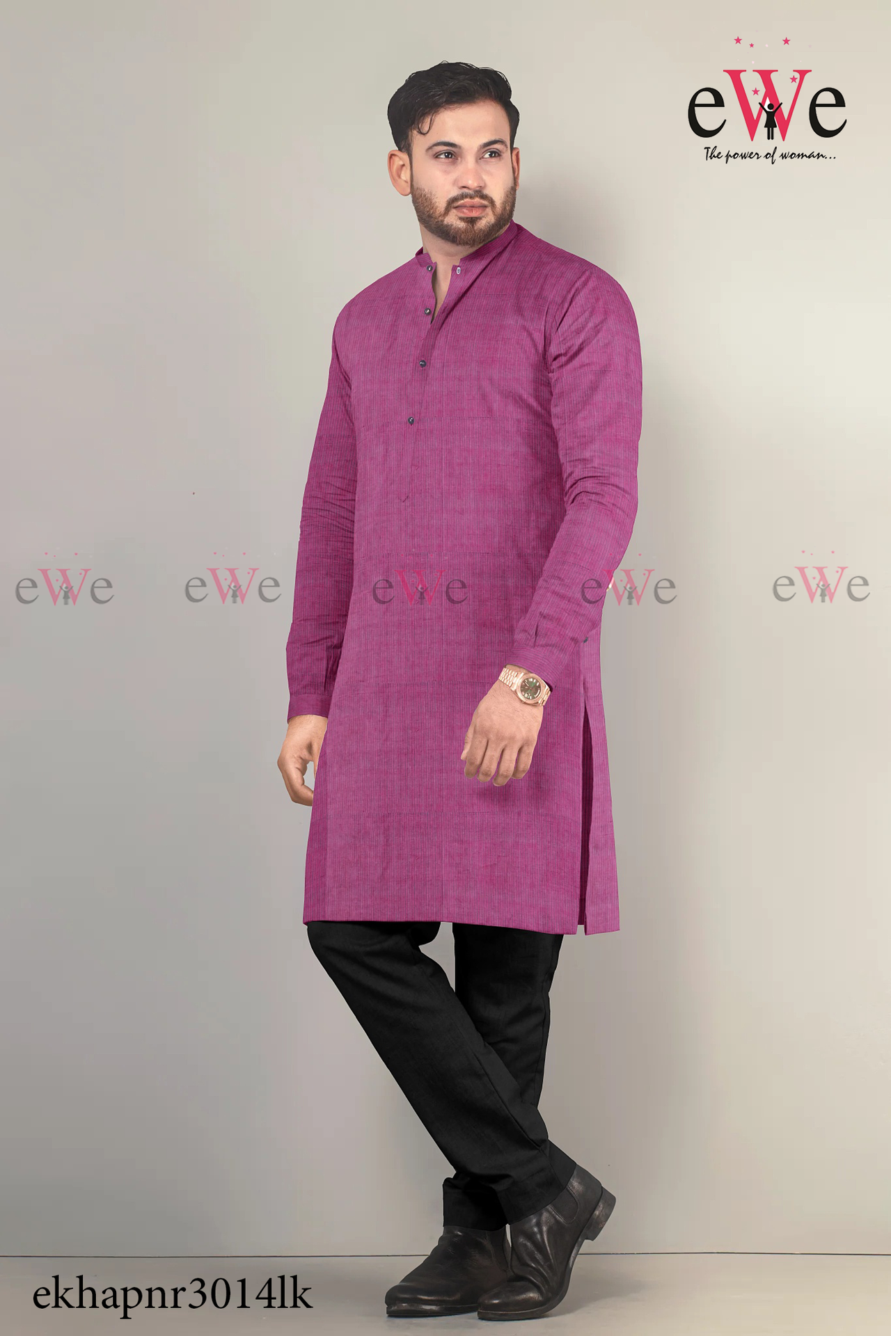 Pink &amp; Blue Striped Khadi Gent's Long Kurta