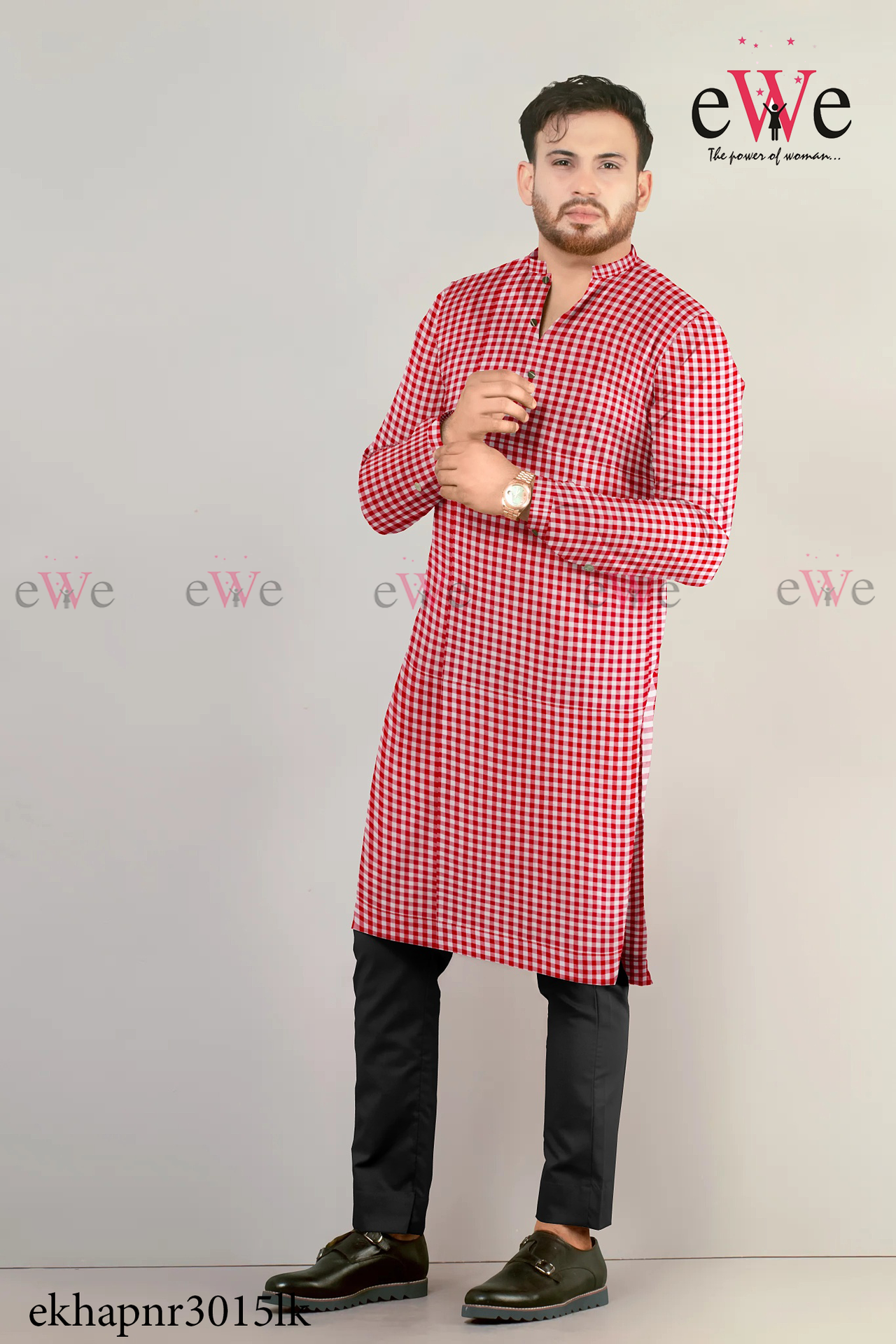 Red Check Khadi Gent's Long Kurta