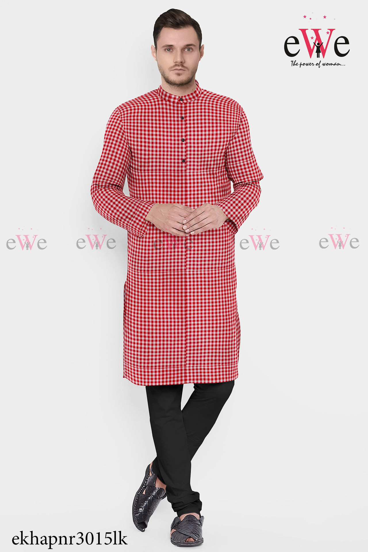 Red Check Khadi Gent's Long Kurta
