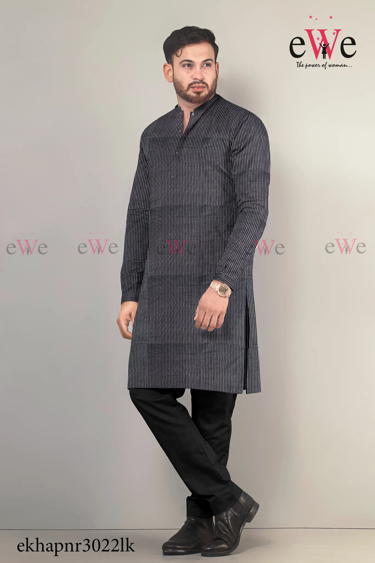 Black Striped Khadi Gent's Long Kurta