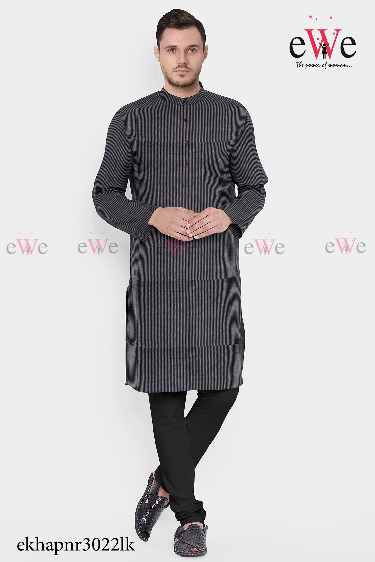 Black Striped Khadi Gent's Long Kurta