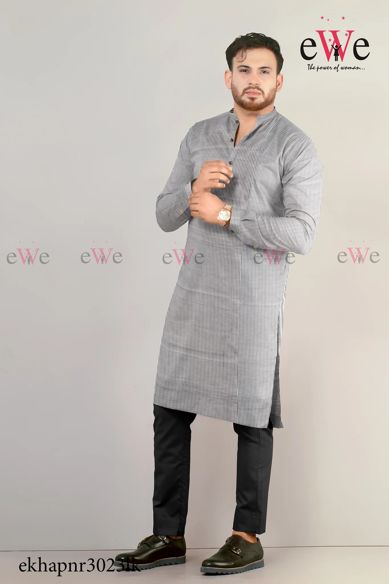 White Striped Khadi Gent's Long Kurta