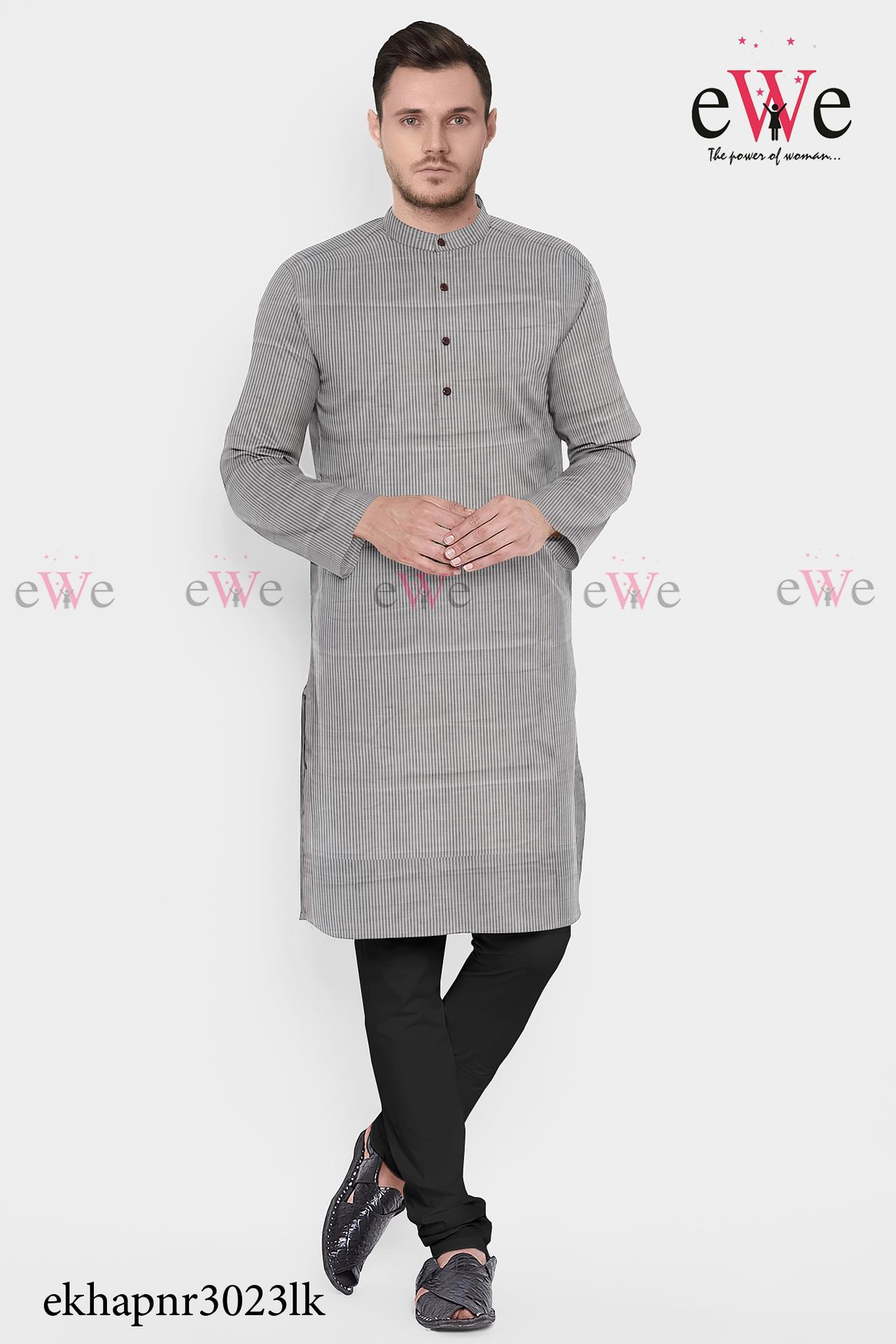 White Striped Khadi Gent's Long Kurta