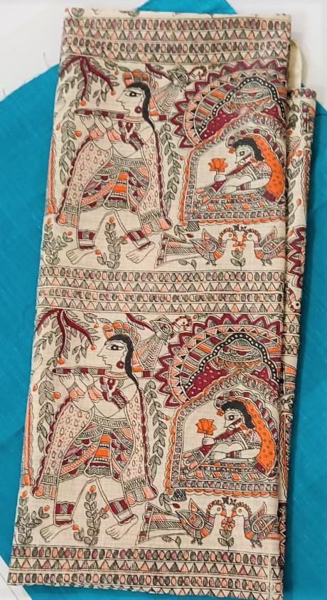 Cream Red Jute Cotton Unstitched Fabric with Hand Block Print