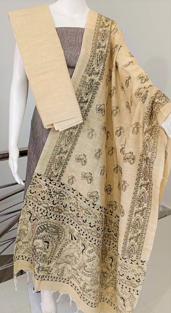 Jute Cotton Top, Bottom &amp; Duppatta with Authentic Madhubani Hand Painting