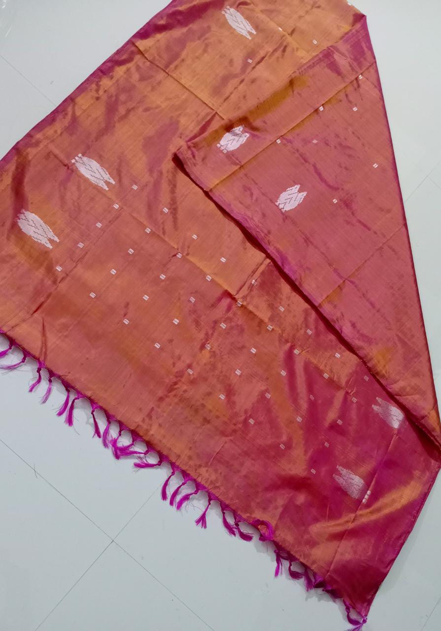 Fire Orange and Pink Dual Tone Banana Pith Silk Saree