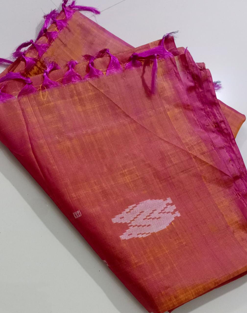 Fire Orange and Pink Dual Tone Banana Pith Silk Saree