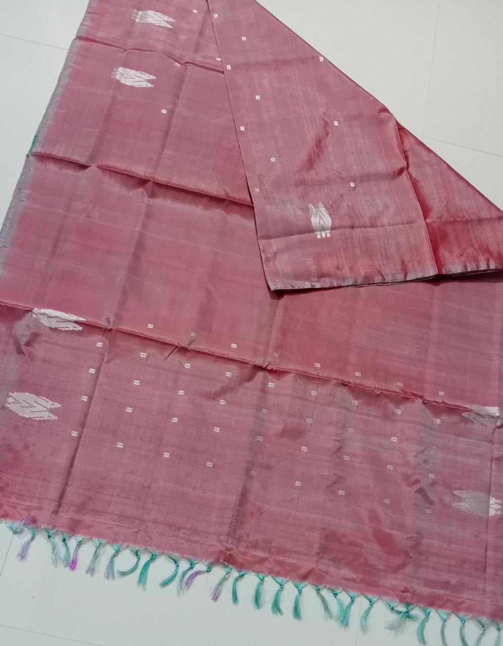 Baby Pink Dual Tone- (Teal Green and Orange Combination) Banana Pith Silk Saree.