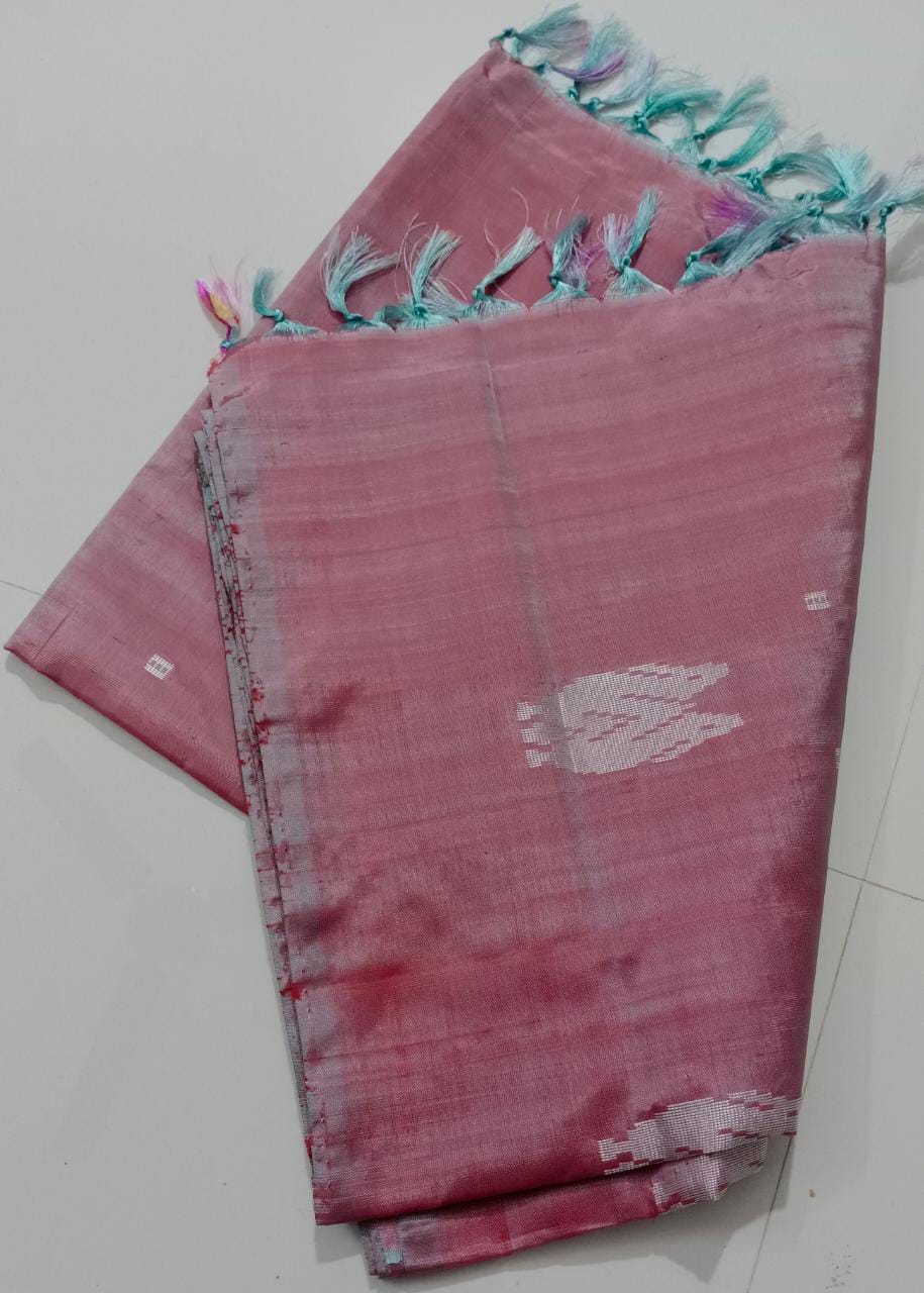 Baby Pink Dual Tone- (Teal Green and Orange Combination) Banana Pith Silk Saree.