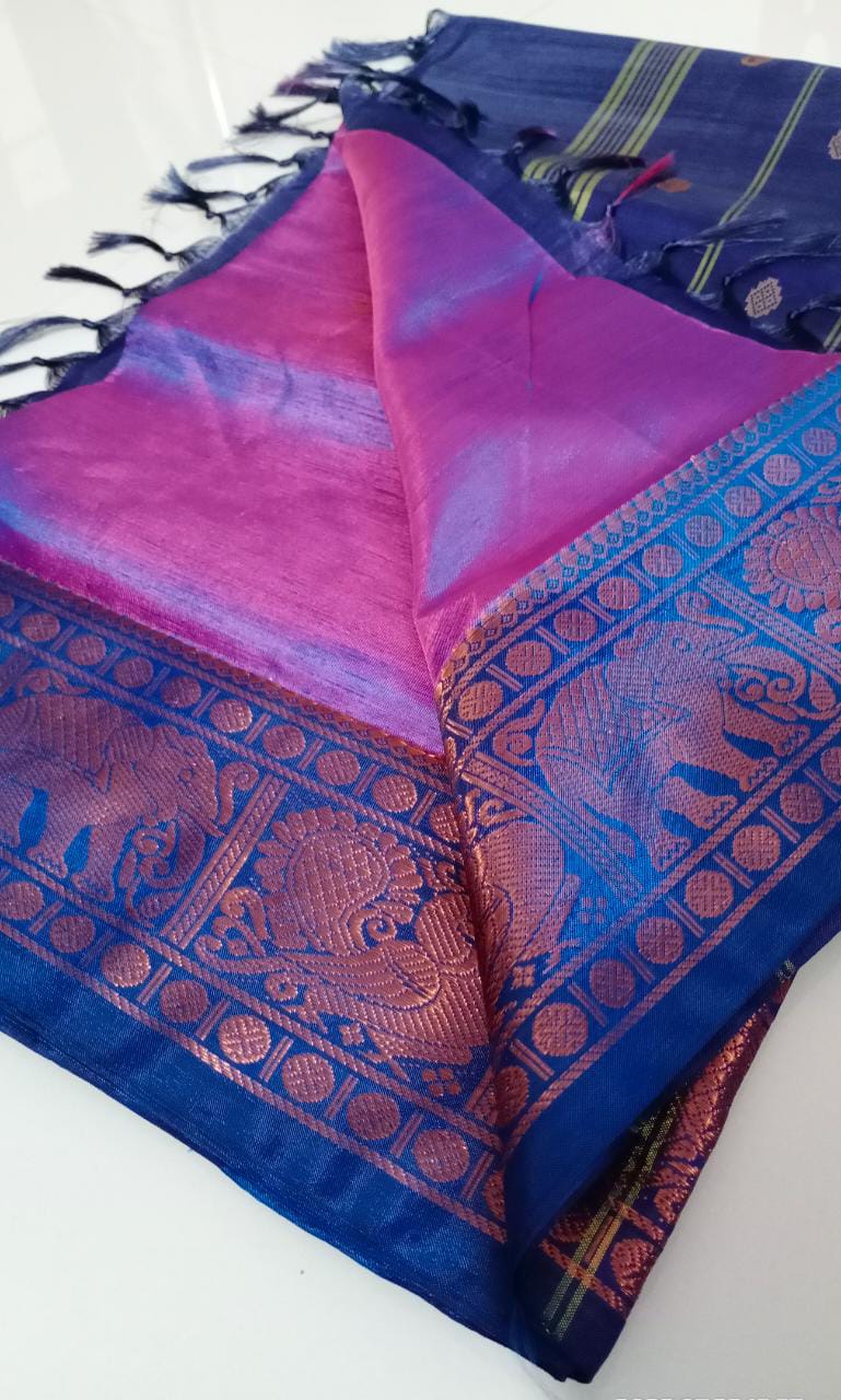 Navy Blue and Pink Dual Tone Banana Pith Silk Saree.
